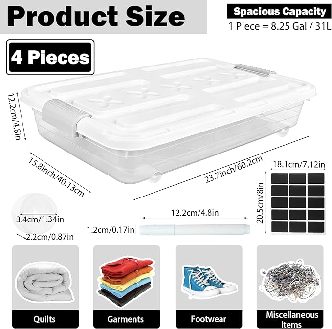 4 Pcs Plastic Under Bed Storage Containers with Handles and Lid Wheels, 23.7 x 15.8 x 4.8 Inch White clear Stackable Latching