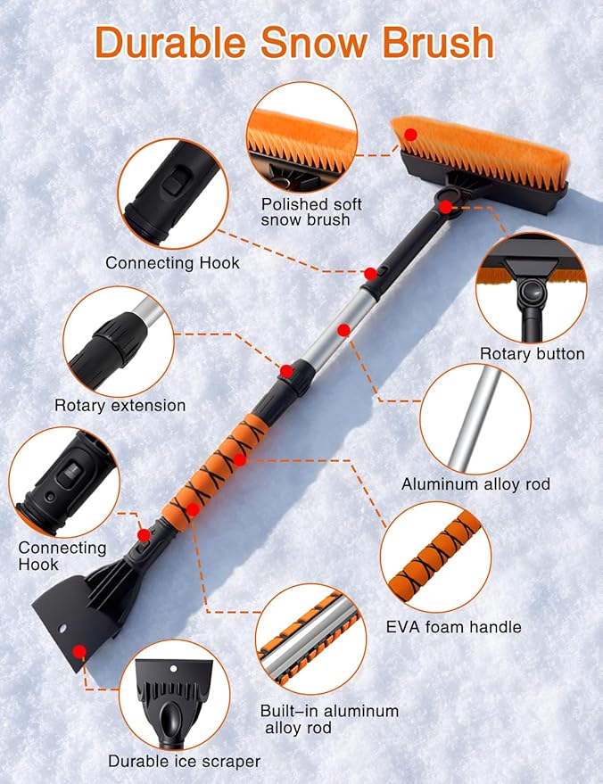 33 Inch Ice Scrapers for Car Windshield, 3 in 1 Extendable Snow Brush, Snow Scraper for Car with Foam Grip and 270° Pivoting Brush Head, Silicone Squeegee for Sedan SUV Truck RV