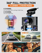 Dash Cam 360°, 4 Channel Camera for Cars Front and Rear Inside, 2K FHD Mini Dashcam, 5G WiFi, GPS, Free 64G Card, Voice Contr