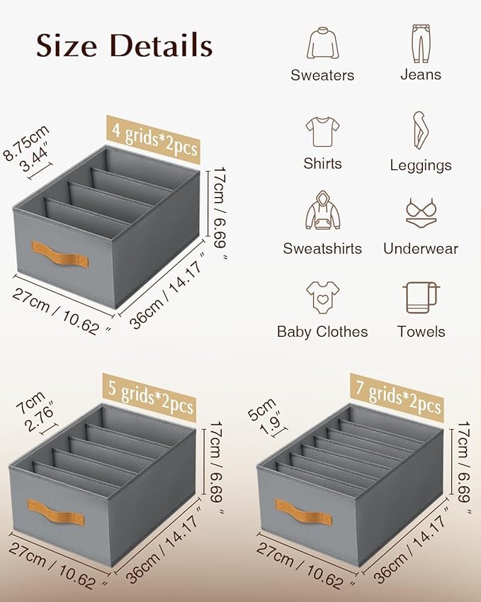Homsorout Clothes Organizers and Storage - 4/5/7 Grids Fabric Jeans Organizer with Handles, Foldable Closet Organizers Divide