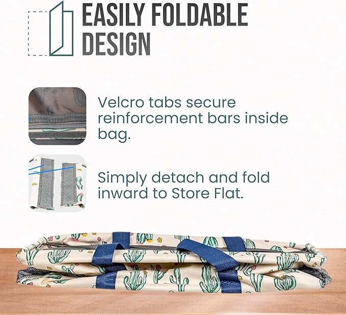 Extra Large Utility Tote Bag, Oversized Collapsible Reusable Wire Frame Rectangular Canvas Basket With Two Exterior Pockets For Beach, Pool, Laundry, Car Trunk, Storage - Cactus White