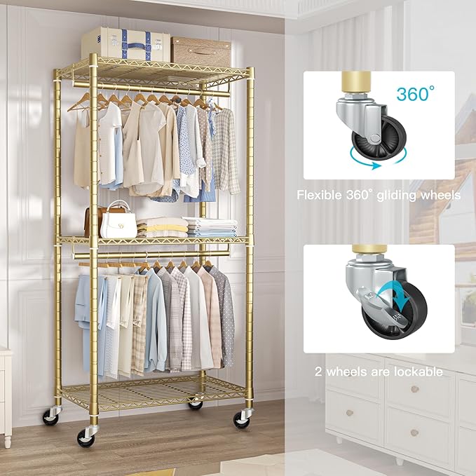 FUTASSI P1 Medium Heavy-Duty Portable Closet, 30" W x 14" D x 76" H, Metal Rolling Clothing Rack, Gold