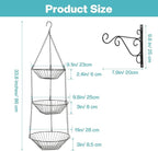 3 Tier Hanging Fruit Basket with Banana Hook, 34-Inch Heavy-Duty Wire Hanging Basket, Wire Vegetable Produce Organizer with I