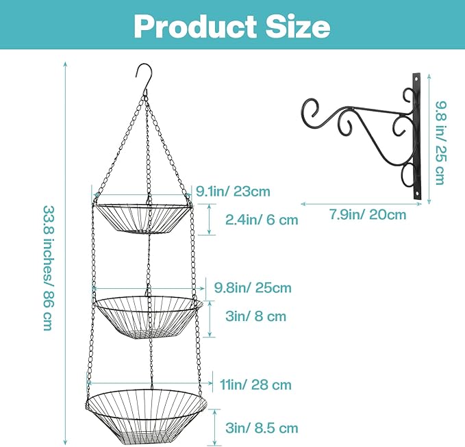 3 Tier Hanging Fruit Basket with Banana Hook, 34-Inch Heavy-Duty Wire Hanging Basket, Wire Vegetable Produce Organizer with I