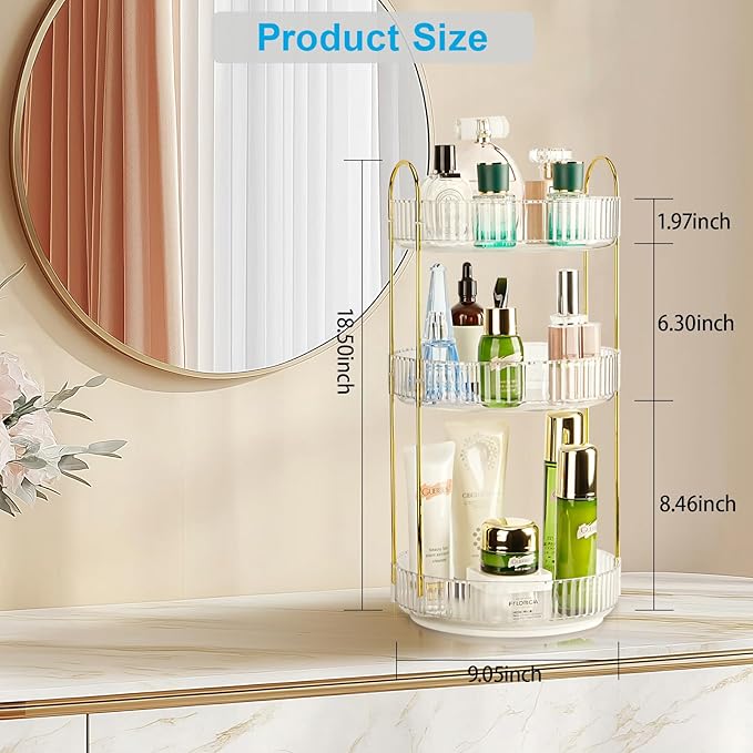 360 Rotating Makeup Organizer - Large Capacity Spinning Perfume & Cosmetic Skincare Holder for Countertop (Pearl White, 3 Tie