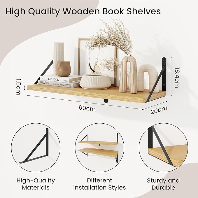 Book Shelf for Wall, Oak Shelf, Floating Shelves with Brackets, 24 inch Wall Shelves Set of 3, Particle Board Shelving for Ki