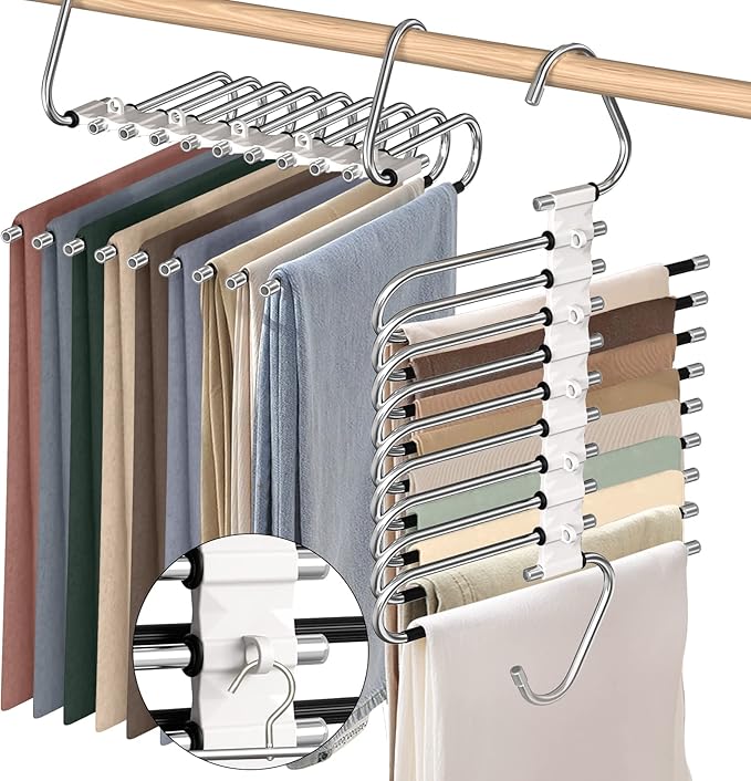 9 Layers Pants Hangers Space Saving, 2 Pack Multifunctional Pant Rack Stainless Steel Closet Organizer for Pants Jeans Leggin
