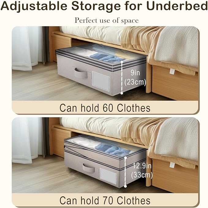 2 Pack Under Bed Storage with Wheels- Adjustable Underbed Rolling Storage Organizer Containers for Clothes and Shoe, 72L Larg