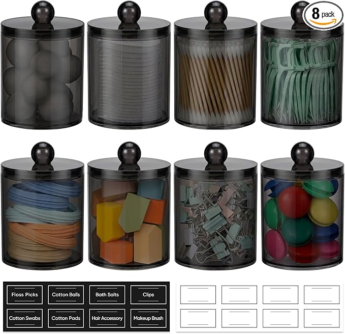 8 Pack Acrylic Qtip Holder Dispenser for Cotton Swabs, Balls, Pads, Floss Picks- Clear Plastic Canister Apothecary Jar Set, B
