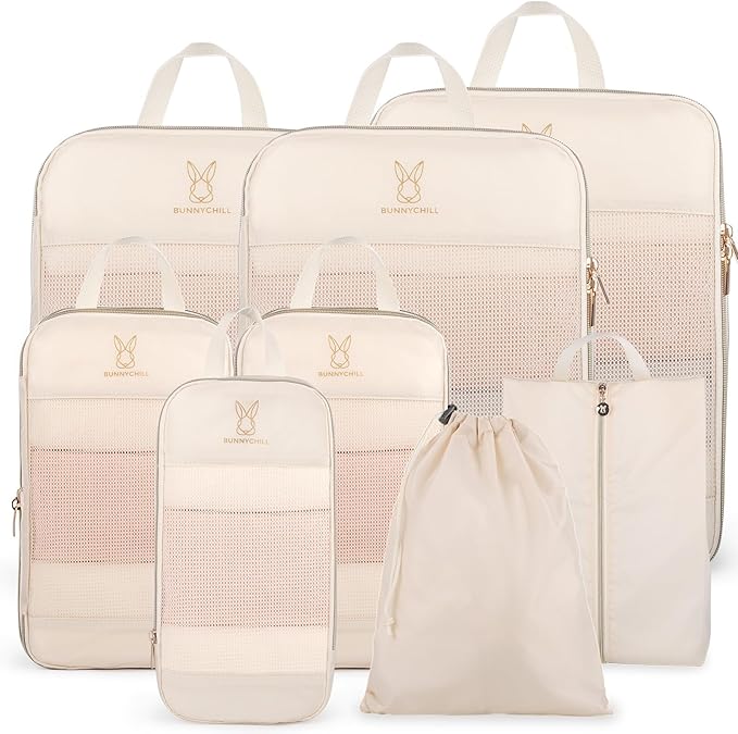 Compression Packing Cubes for Travel, Bunnychill Portable Zipper Packing Cube for Cloting, Expandable Space Saver Storage Lug