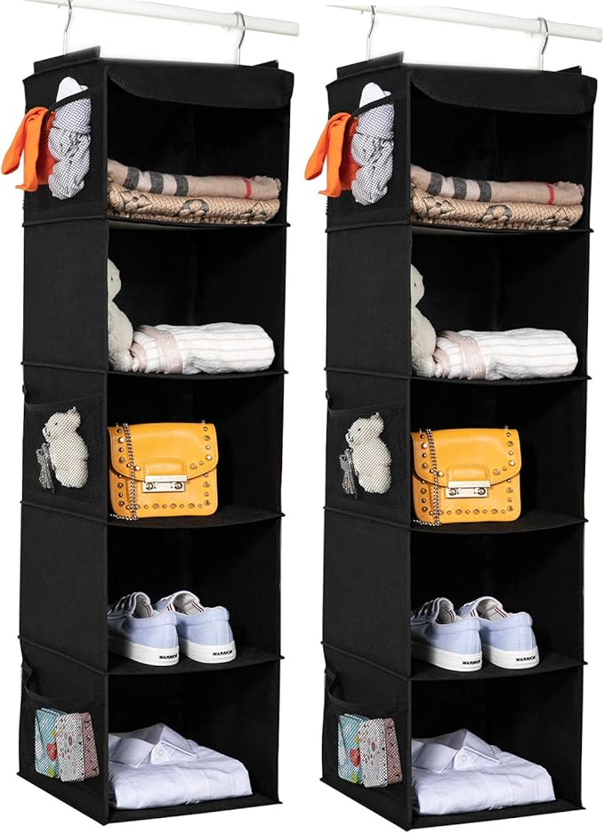 BrilliantJo 2 Pack Hanging Closet Organizer, 5 Shelves Hanging Storage with 6 Side Pockets for Clothes Shoes, 43"x12"x12"(Bla