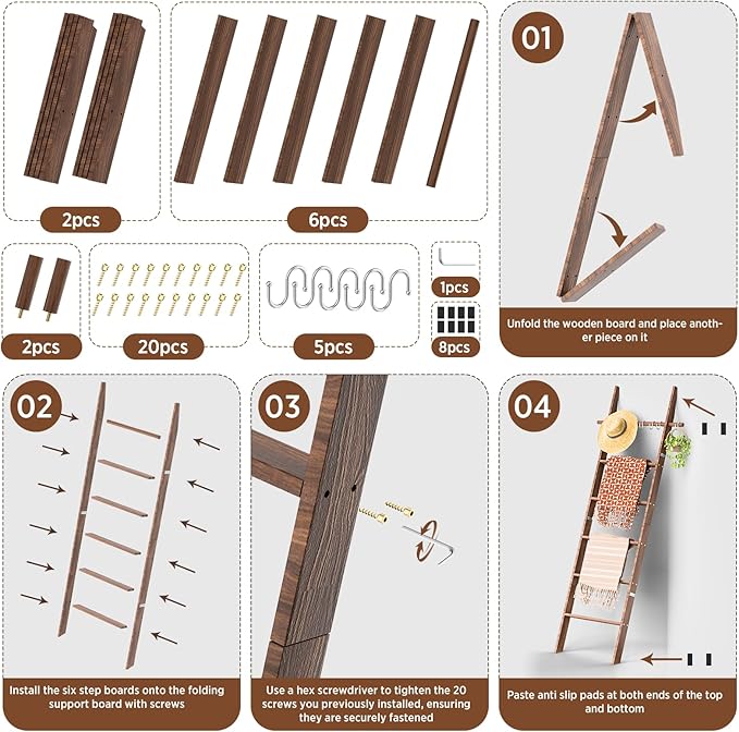 Farmhouse Wooden Blanket Ladder with Removable Hooks, 6-Tier Rustic Blanket Rack Decorative Stand, Leaning Towel Quilt Rack H