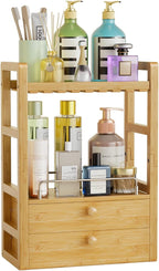AmazerBath Bamboo Bathroom Countertop Organizer, 2-Tier Makeup Organizer with 2 Drawers, Vanity Organizer Storage Coffee Matc