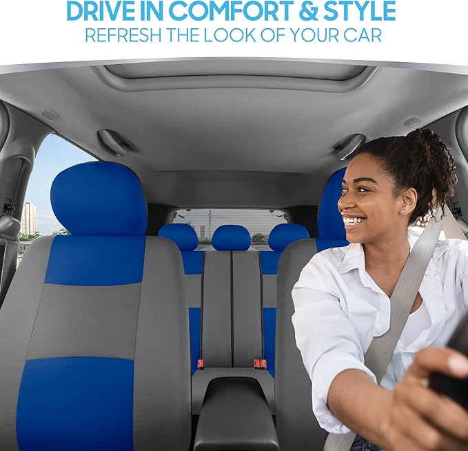 BDK PolyPro Car Seat Covers Full Set in Blue & Gray – Front and Rear Split Bench Seat Covers for Cars, Easy to Install Car Se