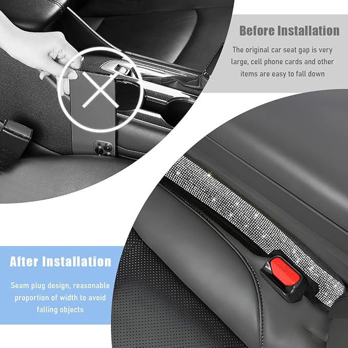 2PCS Bling Car Seat Gap Filler, Sparkling Rhinestone Side Seat Gap Blocker Stop Things from Dropping, Soft Foam Car Truck Filler Blocker Fill The Gaps Between Seats and Console (White)