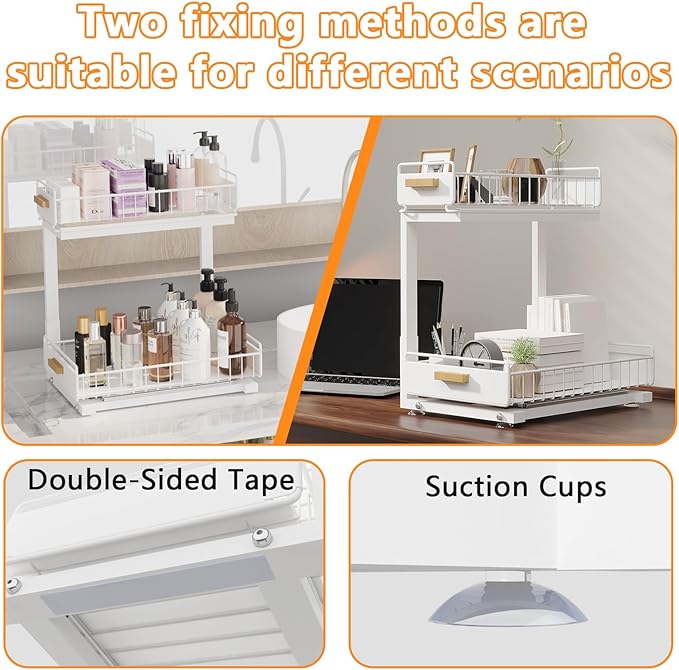 2 Pack Under Sink Organizer with Ball Bearing Sliding Drawer, Heavy Duty Pull Out Cabinet Organizer, 2 Tier Adjustable Storag