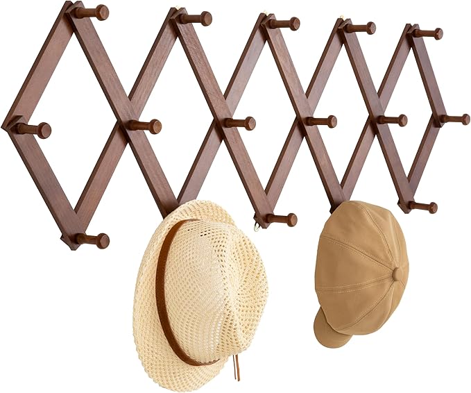 Cozcty Accordion Wall Hanger, Wooden Hat Rack for Wall with 16 Hooks, Expandable Peg Hat Hanger Organizer, Decorative Coat Ra