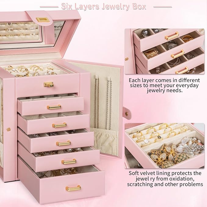 AKOZLIN Large Jewelry Box Organizer Functional with Big Mirror, Leather Jewelry Storage Case for Women Girls Ring Necklace Ea