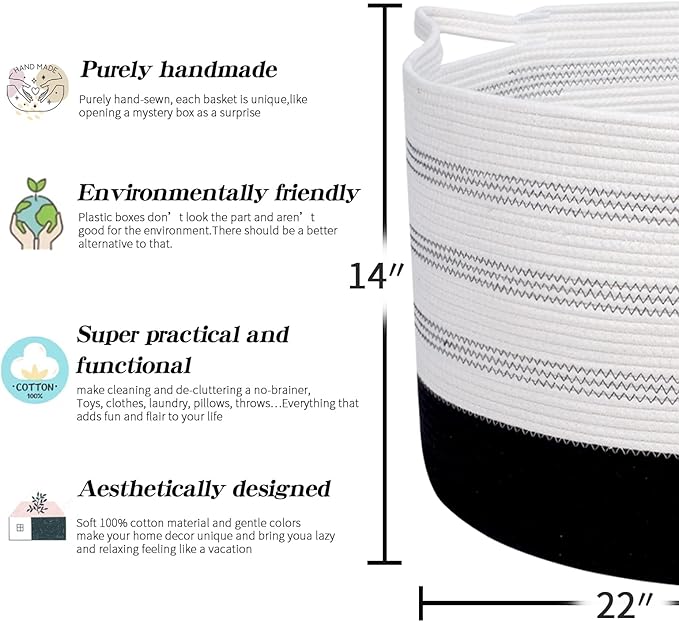 R RUNKA XXXLarge Cotton Rope Basket 22" X 22"X 14" Blanket Basket for Living Room Woven Basket Soft Baby Laundry Blanket Bask