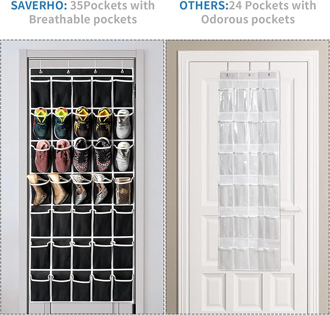 SAVERHO 35 Pockets Over the Door Shoe Organizer, Hanging Shoe Organizer for Door with 35 Mesh Pockets Large Capacity Shoe Han