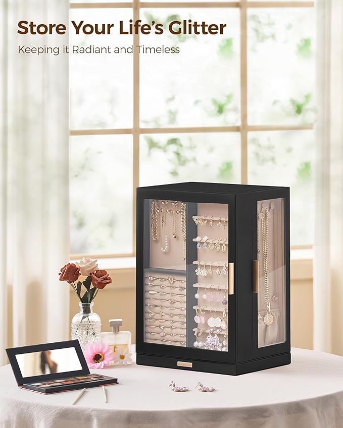 Glimmloop 360° Rotating Jewelry Box with 9 Drawers, Spacious Vertical Jewelry Organizer with Glass Window, Jewelry Storage Ca