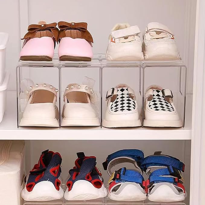 Clear Acrylic Kids Shoe Rack for Closet Organizers and Storage | 4 Pack Small Shoe Rack 4 Sections Toddler Baby Shoe Storage 