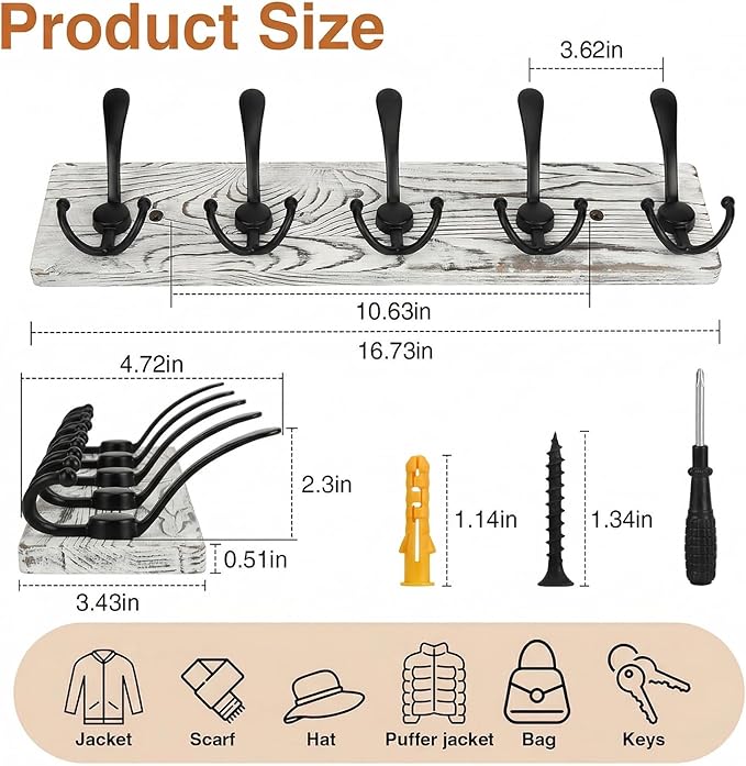Wooden Coat Rack Wall Mount Heavy Duty, 2 Pack Coat Hanger Wall Mount with 5 Triple Hooks for Clothes, Jacket, Hat, Keys, Spa