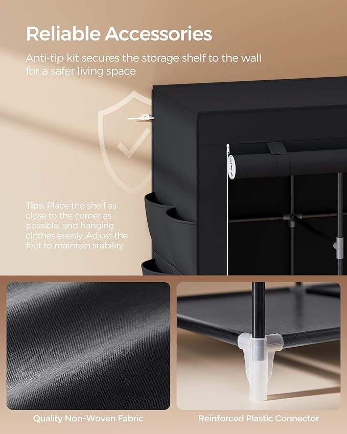 SONGMICS Portable Closet, Wardrobe Closet Organizer with Cover, 4 Hanging Rods and Shelves, 4 Side Pockets, 17.7 x 66.9 x 65.