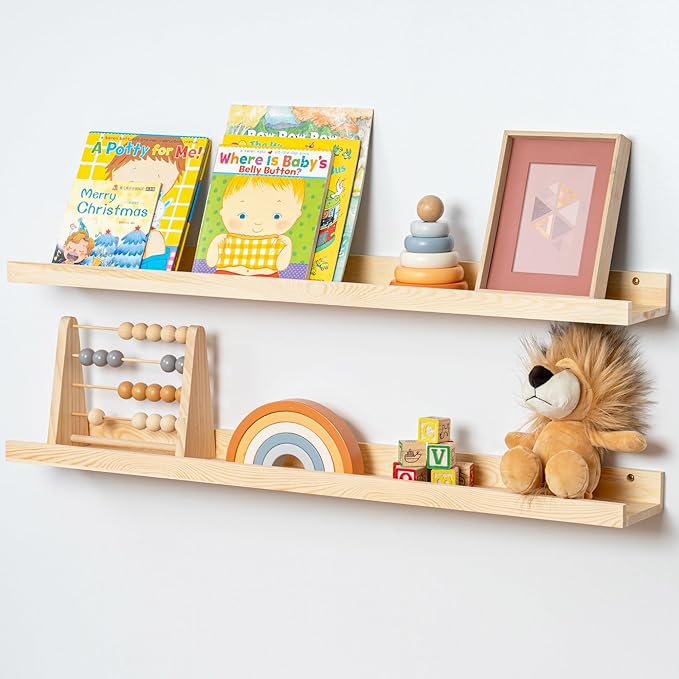 Picture Ledge Shelf for Wall, 36 inch Solid Pine Wood Nursery Book Shelves 2 Packs, Floating Ledge Shelves for Kids' Room Bed