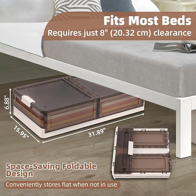 FAHKNS 2 Pack Under Bed Storage with Wheels, 15.2Gal Stackable Under Bed Storage Containers with Lids, Plastic Collapsible Or