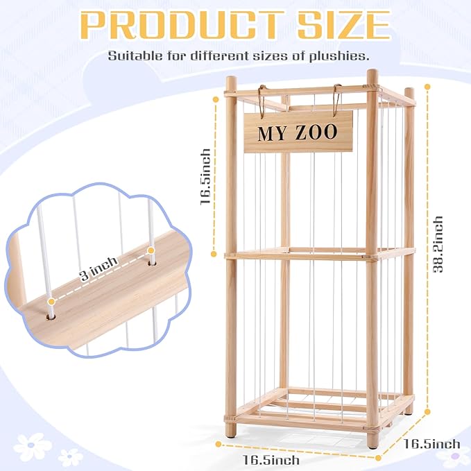 GLDZI Stuffed Animal Storage Zoo, Wooden Stuffed Animal Organizer with Elastic Cords for Boys Girls, Space Saving Toy Plushie