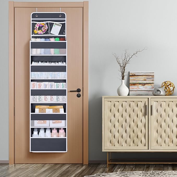 Univivi Over The Door Organizer, 6 Shelf Door Hanging Organizer Nursery Door Storage with PVC Pockets 8 Side Pockets for Bath