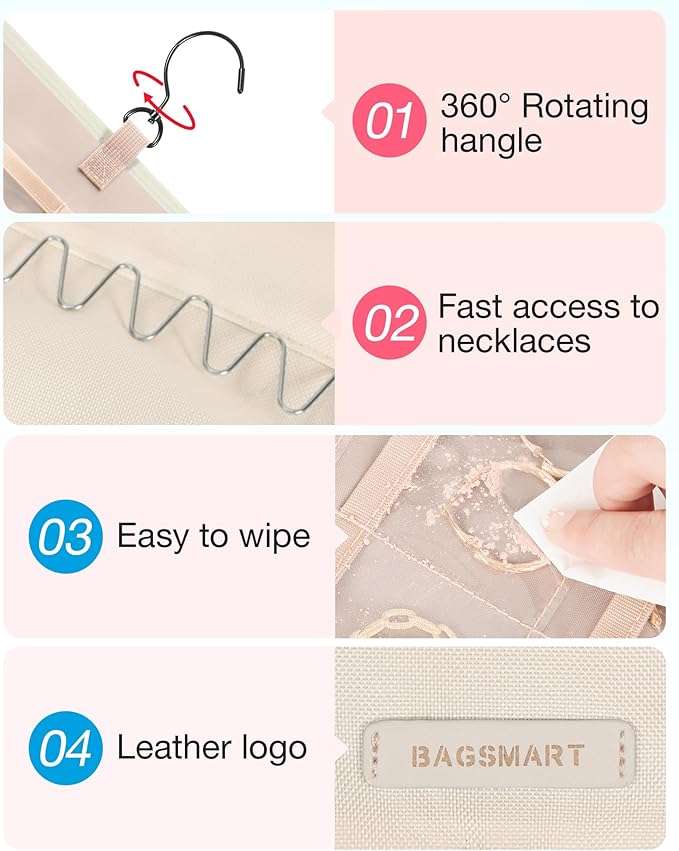 BAGSMART Hanging Jewelry Organizer Storage Roll with Hanger Metal Hooks Double-Sided Jewelry Holder for Earrings, Necklaces, 