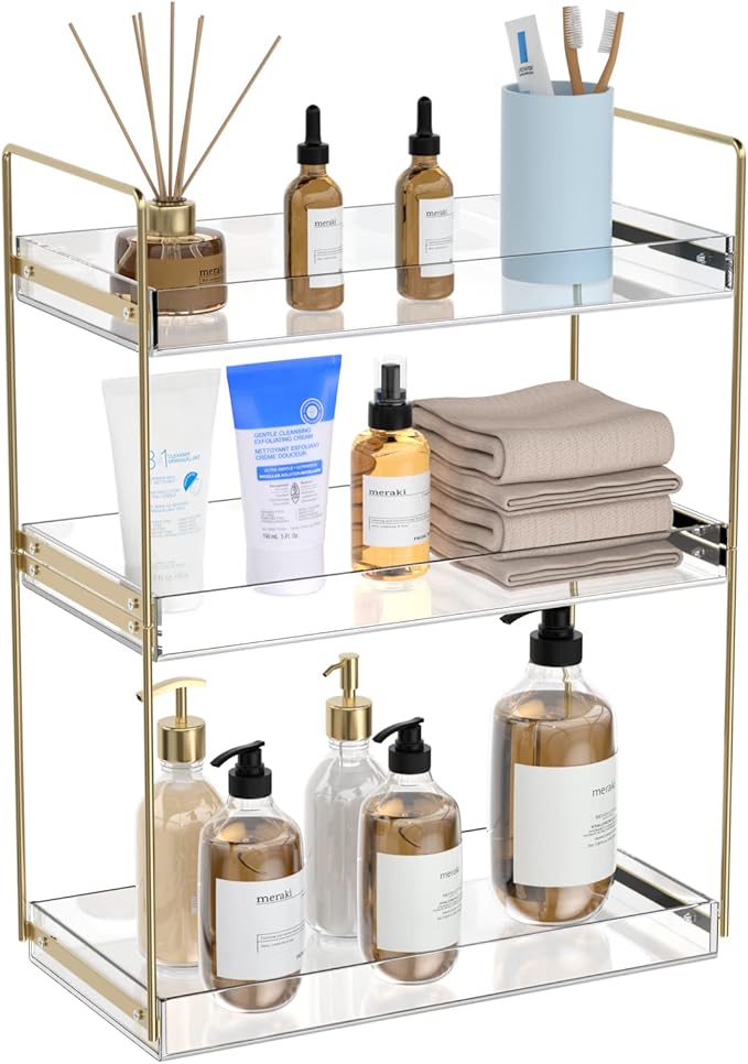 Bathroom Countertop Organizer, 3 Tier Acrylic Tray Vanity Counter Skincare Organizer Shelf, Kitchen Under Sink Standing Rack,