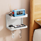 NiHome Large Wall Mounted Wooden Bedside Organizer, Double Storage Shelves & Magnetic Hooks, Solid Wood Bedside Shelf for Pho