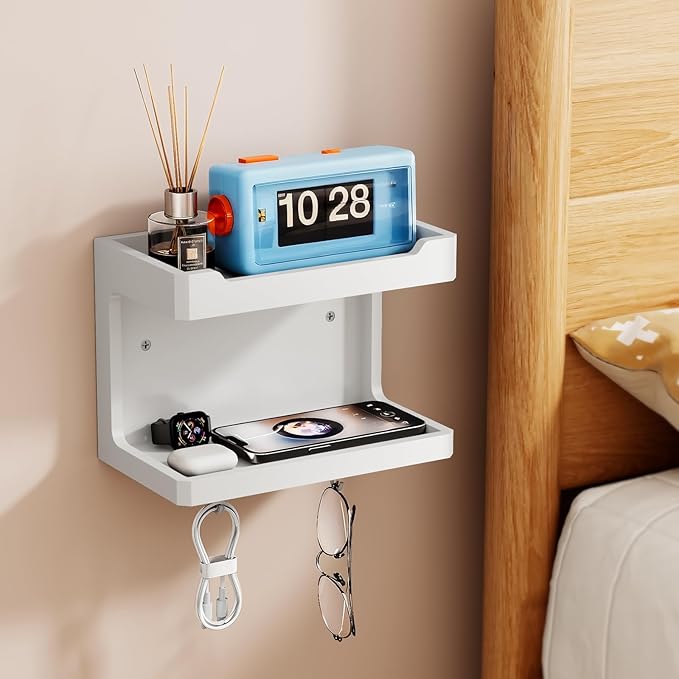 NiHome Large Wall Mounted Wooden Bedside Organizer, Double Storage Shelves & Magnetic Hooks, Solid Wood Bedside Shelf for Pho