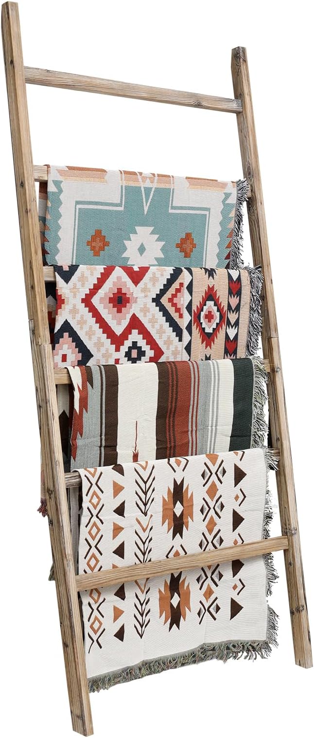 FUIN Extra Wide 6.4ft Wooden Blanket Ladder Living Room Decorative Wal Leaning Farmhouse Quilt Display Holder Rustic Wood Tow