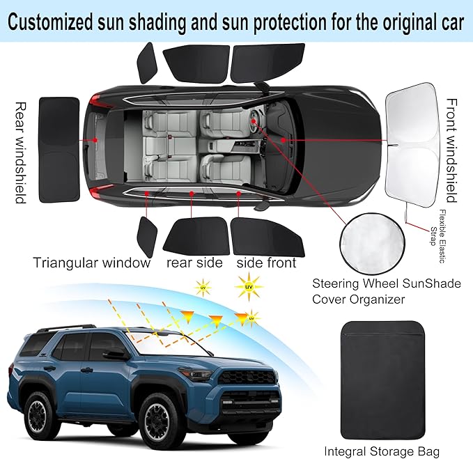 Windshield Sun Shade Car Windshield Foldable Full Windows Coverage Custom Fit for Toyota 4Runner 2025 2026 Accessories Car Window Shades Block Sun UV Rays 8PCS