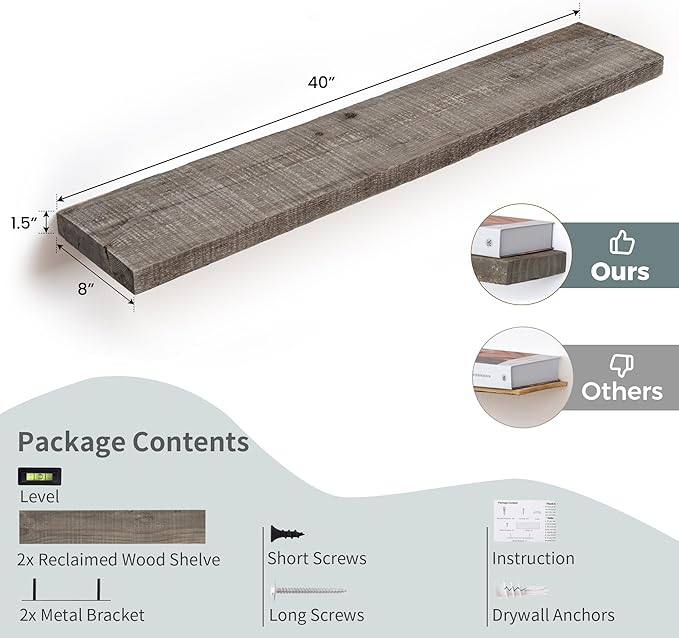 Floating Shelves Reclaimed Barnwood, 8" Deep Solid Wood Floating Shelf Wall Hanging Shelves with Invisible Heavy-Duty Metal B