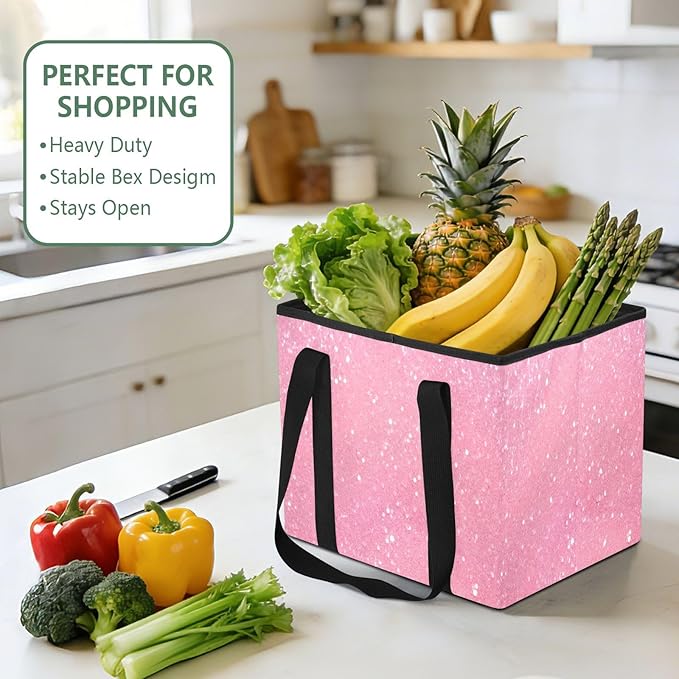 Glitter Blush Pink Reusable Grocery Bags Large Shopping Tote Bag with Reinforced Bottom Board, Water Resistant Foldable Stora