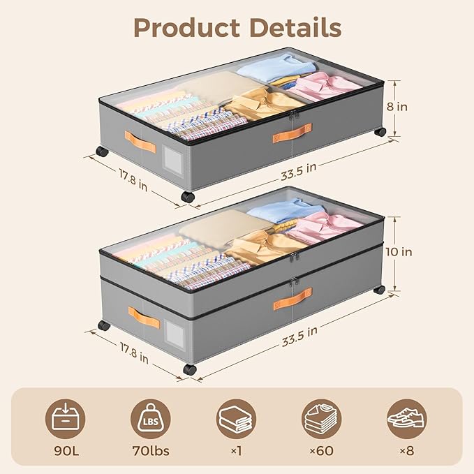 Under Bed Storage with Wheels, Large Capacity UnderBed Containers with Clear Lids, Shoe Organizer Under Bed Drawers, Rolling 