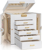 AKOZLIN 6-Tier Jewelry Box Lockable Leather Jewelry Storage Case with 5 Drawers for Women Girls Ring Necklace Earring Bracele
