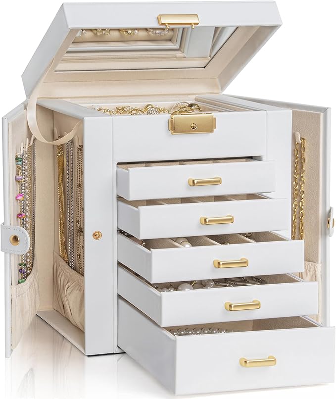 AKOZLIN 6-Tier Jewelry Box Lockable Leather Jewelry Storage Case with 5 Drawers for Women Girls Ring Necklace Earring Bracele