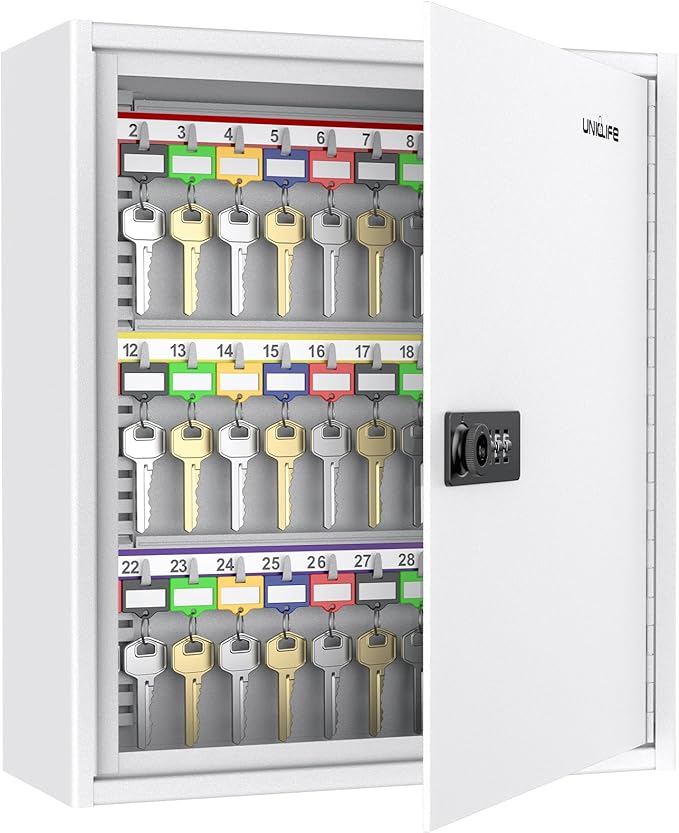 Uniclife 60 Position White Key Cabinet Steel Security Storage Box with Combination & Key Lock, Resettable, Digital, Adjustabl
