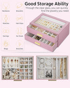 AKOZLIN Jewelry Box with Clear Lid Functional Leather Jewelry Storage Organizer Case 2 Drawers for Women Girls Necklace Ring 