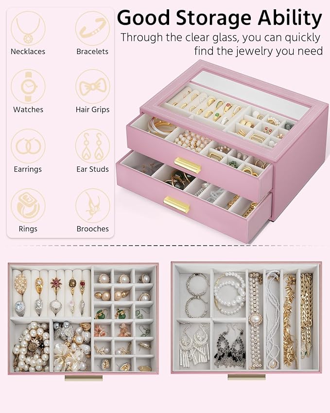 AKOZLIN Jewelry Box with Clear Lid Functional Leather Jewelry Storage Organizer Case 2 Drawers for Women Girls Necklace Ring 