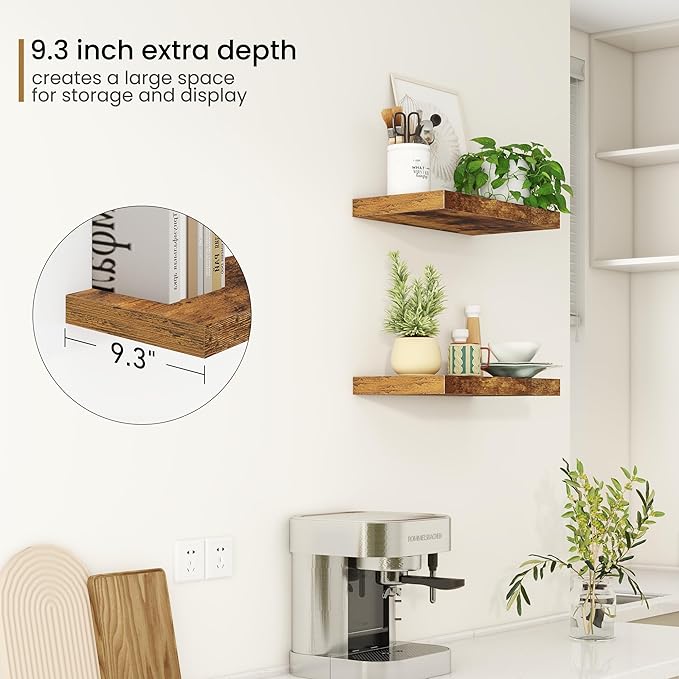 Deep Floating Shelves - 16" W x 9.3" D x 1.6" H Rustic Brown Wall Shelf - Wall Mounted Shelves for Decor & Storage - Wooden S