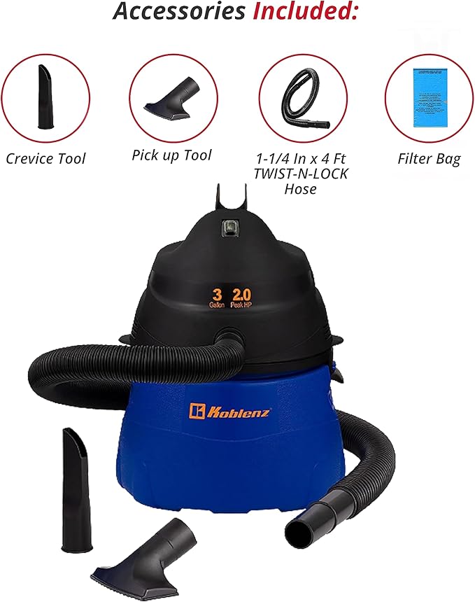 Koblenz WD-353L Portable Wet-Dry Vacuum Cleaner, 3 Gallon Tank, 2.0 HP Vacuum Cleaner with Several Accessories, 5 Year Warran