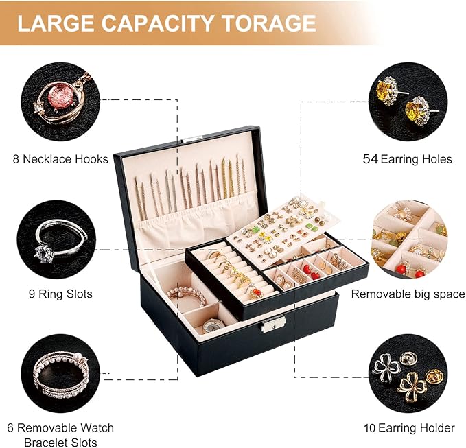 Jewelry Boxes for Women Girls 2 Layers leather Jewelry Organizer Case with Lock Storage Box Removable Tray for Necklace Earri