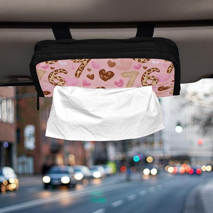 Car Tissue Holder Car Visor Organizer Tissue Box Holder for Car Sun Visor Organizer with Car Vehicle Accessories Essentials Interior for Women Men Six Seven Leopard Hearts Pink